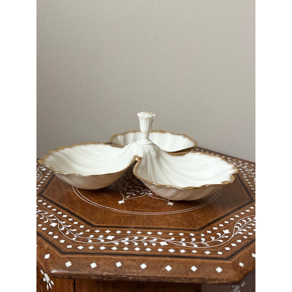 Vintage Lenox Triple Leaf Shell Dish Candy Nuts Gold Trim